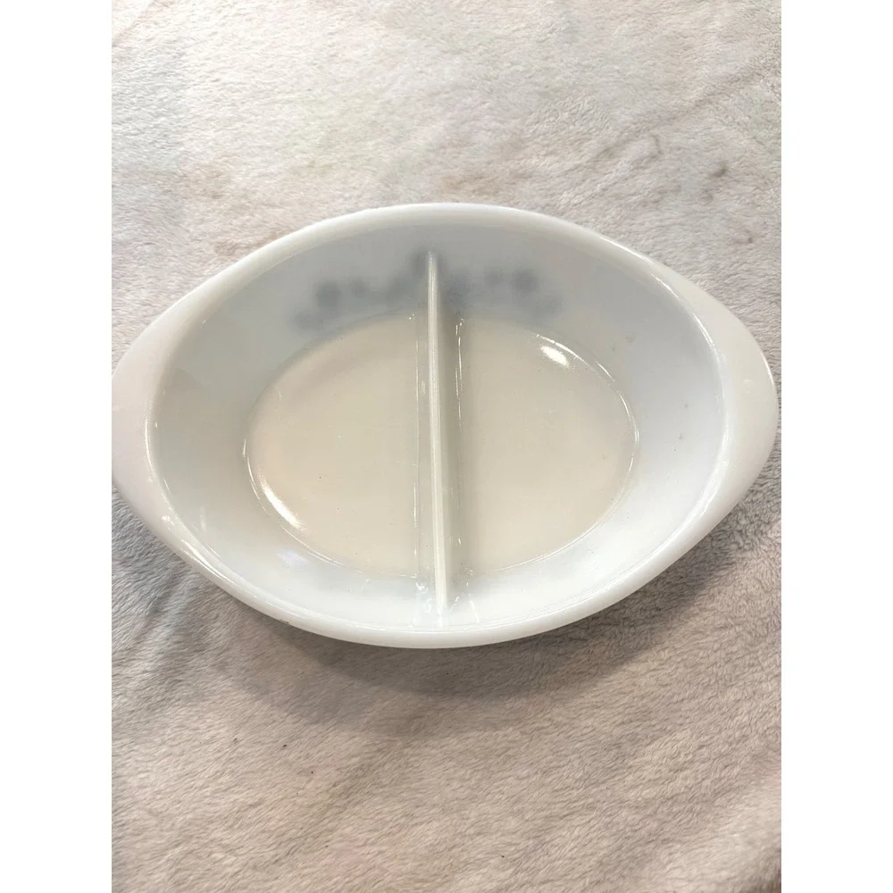Vintage Glasbake Blue Cornflower Divided Serving Dish Milk Glass Oval 10 inch